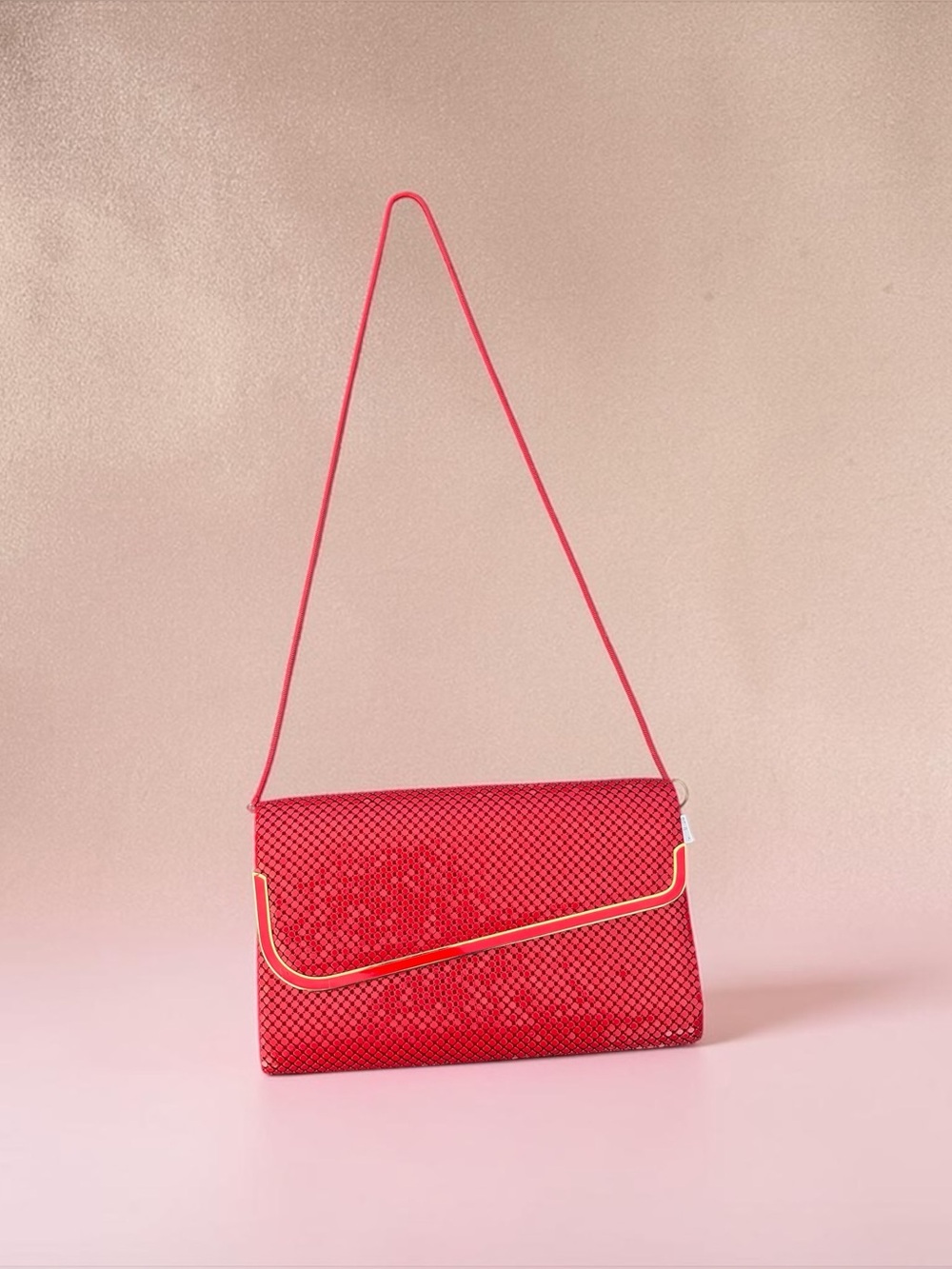 RED WOVEN ENVELOPE SHOULDER BAG WITH GOLD TRIM – NEW